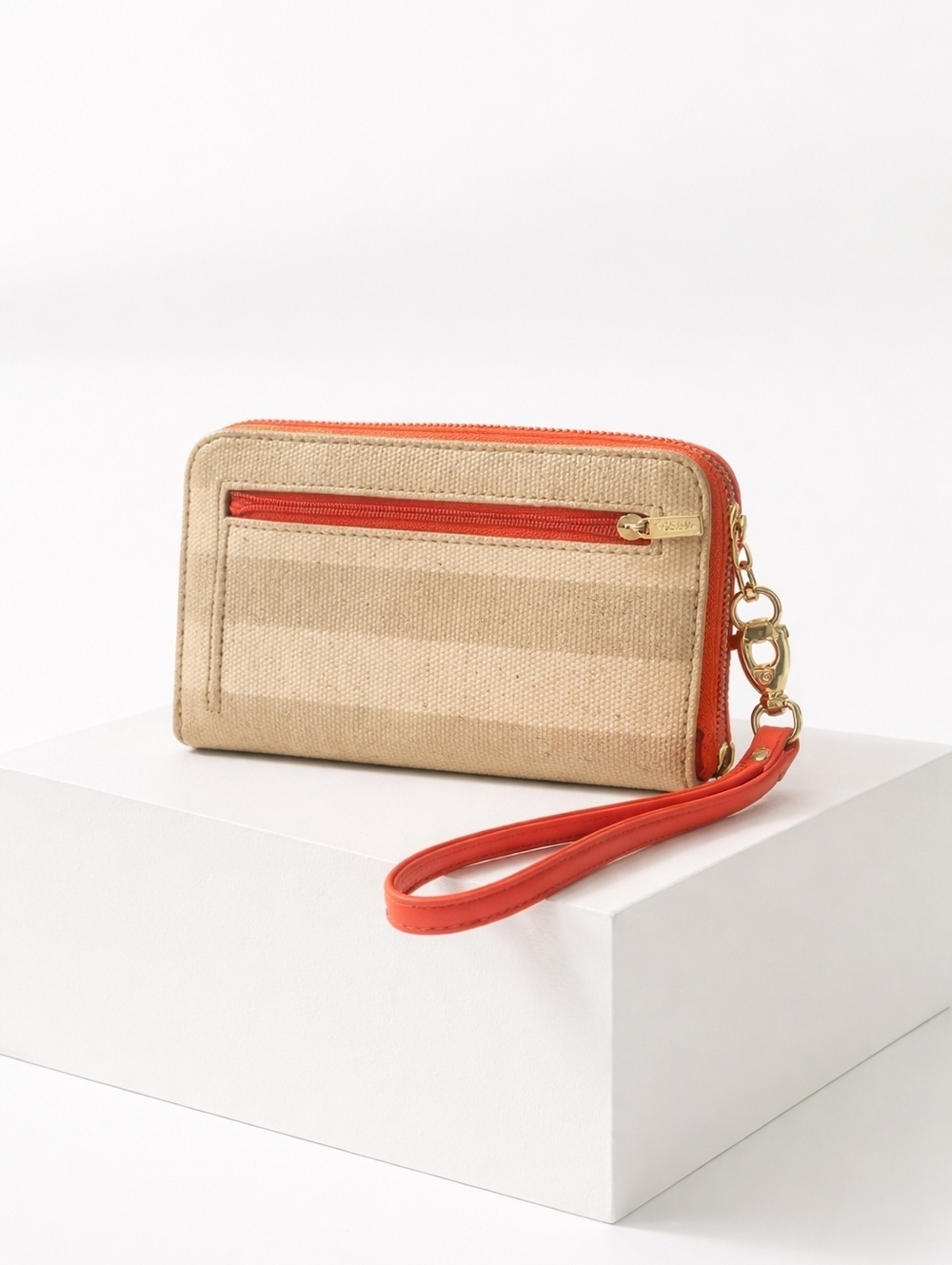 Fossil Zip Around Wristlet Wallet Cream Tan Stipe Coral Leather Canvas